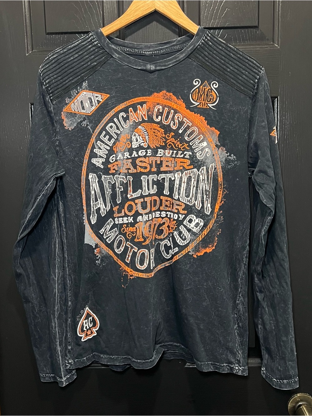 Affliction American Customs Shirt Mens M Black Long Sleeve Motor Club Biker Y2K